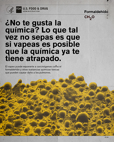 Este póster en español fue diseñado para educar a los jóvenes sobre los posibles peligros del vapeo o uso de cigarrillos electrónicos.