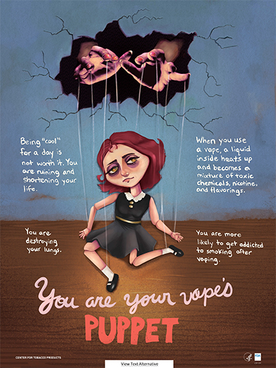 A poster based on the winning high school design in the “Vaping’s Not My Thing” student contest. This poster was originally designed by a student and was inspired by the student’s thoughts on vaping and their interpretation of the health consequences of youth use of e-cigarettes.