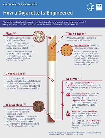 Flyer represents a diagram that educates on how the design of a cigarette makes smoking more attractive, addictive, and deadly.