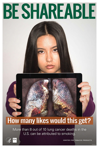 Poster portraying an Asian American teenage girl holding an ipad showing lung cancer as health-related consequence of smoking cigarettes. (Largre Poster)
