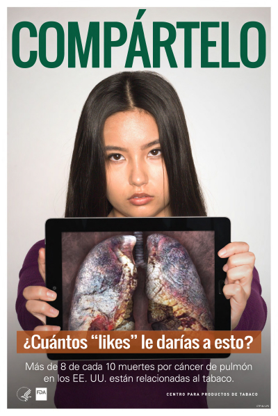 Spanish poster portraying an Asian American teenage girl holding an iPad showing lung cancer as health-related consequence of smoking cigarettes.