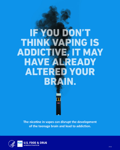 This poster is designed to educate youth about the potential dangers of e-cigarette use, or “vaping.”
